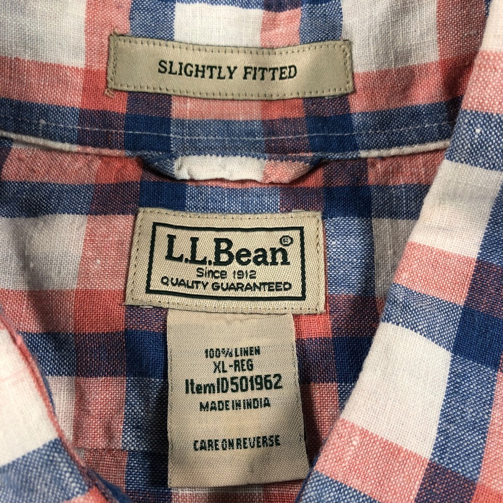 LL Bean Shirt Mens Extra Large Red Blue Plaid 100% Linen Slightly Fitted Coastal - Picture 4 of 10